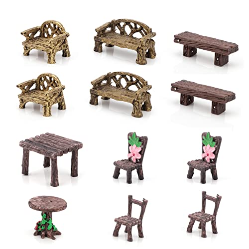 12 Pieces Miniature Table and Chairs Set Fairy Garden Furniture Ornaments Wooden Mini Furniture for Home Micro Landscape Decoration Dollhouse Accessories Fairy Garden Mini Decorative Resin Chair