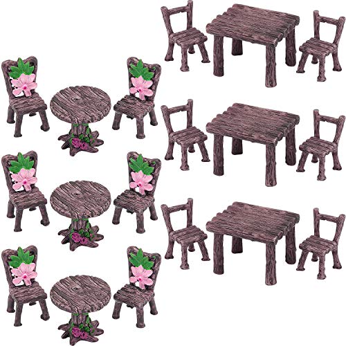 18 Pieces Miniature Table and Chairs Set Fairy Garden Ornaments DIY Dollhouse Decor Floral Table Chair Landscape for Succulent Plants Flowerpot Outdoor Home Decoration