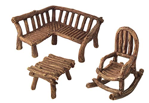 Miniature Fairy Garden Furniture 3Piece Rustic Wood Bench Rocking Chair and Miniature Table for The Garden Fairies