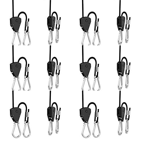 6 Pairs 18 inch Adjustable Heavy Duty Rope Hanger  Reinforced Metal Internal Gears Ratchets foe Growing Light Fixtures LooseProof Design 8ft Long  150lbs Weight Capacity