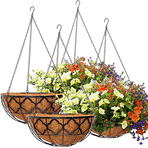 4pcs 16 Inch Metal Hanging Planter Basket with Coco Coir Liner 16 Round Wire Plant Holder with Chain for Porch Decor Planter Pot Hanger Garden Lawn Decoration Outdoor Indoor Watering Hanging Baskets