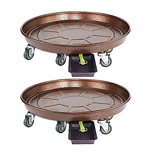 zhixia 2 Pack Plant Pallet Caddyplant caddy with wheelsr Heavy Duty Metal Planter Pot Mover Plant Pot Pallet Dolly Caster with Iron Wheels and Drain Hole (Bronze 14inch2pcs)