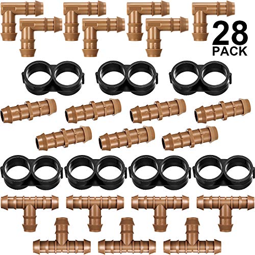 28 Pieces Drip Irrigation Fittings Kit 12 Inch Tubing Set Including 7 Tees 7 Couplings 7 Elbows and 7 End Cap Plugs Drip Irrigation Barbed Connectors for Compatible Drip or Sprinkler Systems