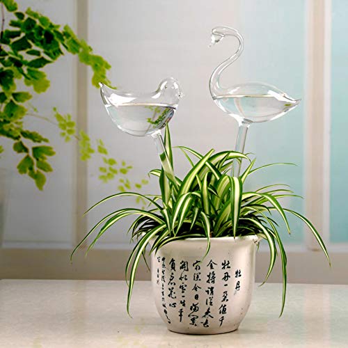 IYSHOUGONG 2 Pack Glass Plant Waterer Bulbs Self Watering Globes Garden Watering Stakes Hand Blown Clear Glass Plant Water Drippers Automatic Irrigation Device for Indoor Outdoor PlantsSwan Bird