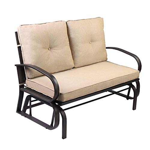 Aoxun Patio Loveseat Outdoor Patio Glider Rocking BenchPorch Furniture GliderWrought Iron Chair Set with CushionBeige