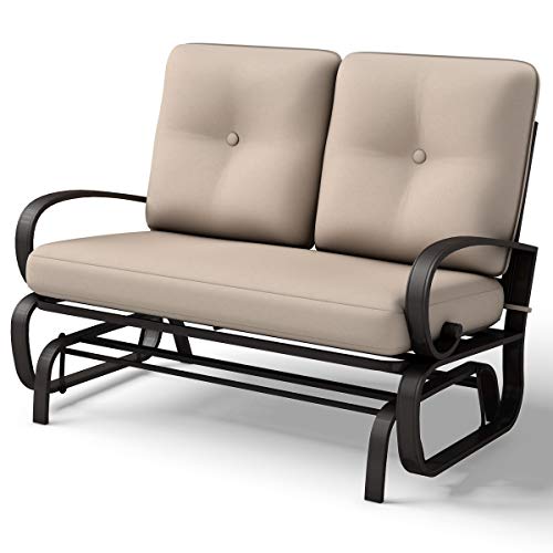 Giantex Loveseat Outdoor Patio Rocking Glider Cushioned 2 Seats Steel Frame Furniture (Beige)