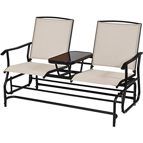 Giantex Patio Glider Chair Outdoor WMesh Fabric and Center Tempered Glass Table Rocking Loveseat for Patio Garden Poolside Balcony Swing Rocking Chair (Beige)