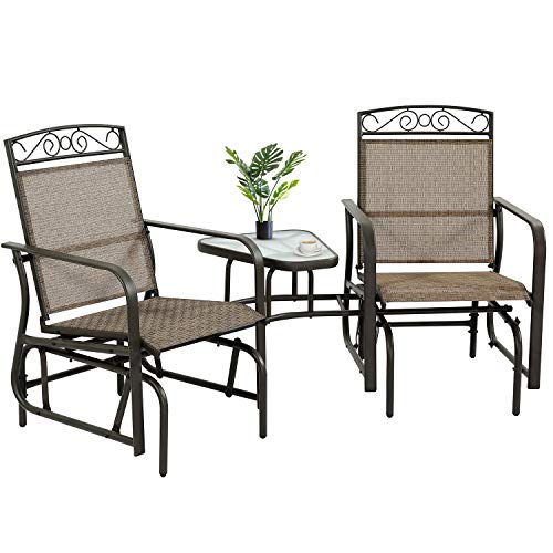 Learm Garden Sling Fabric Double Glider Rcoker Chair with Table Tete a Tete Brown for 2 Person