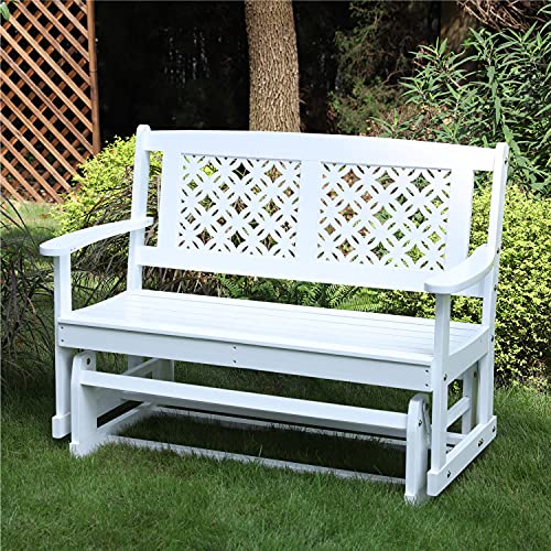 PHI VILLA Outdoor Wood Swing Glider Loveseat Chair with Weather Resistant Painted  Strong Rocker Arms Outdoor Rocking Seat Patio Bench White