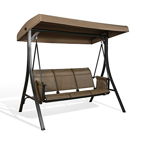 Patio 3Seat Textilene Porch Hammock Outdoor Swing Glider with Stand and Adjustable Polyester Canopy (Brown)