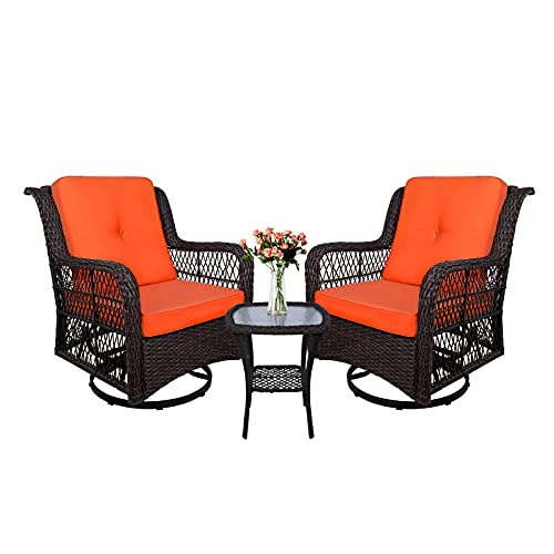 W WARMHOL 3Piece Patio Rocking Chairs Wicker Bistro Set Cushioned Outdoor Glider Swivel Chair Rattan Furniture Sets with Thickened Cushion and GlassTop Coffee Table (Orange Cushion)