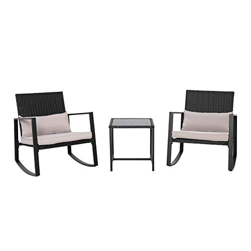 Amazon Basics 3Piece Patio Bistro Rocking Chair Set with Tempered Glass Side Table and Cushions Black