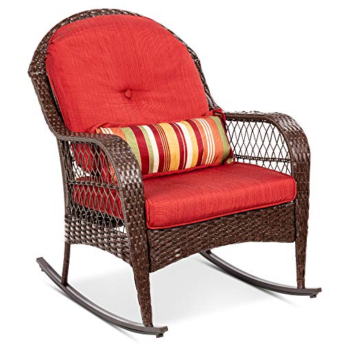 Best Choice Products Outdoor Wicker Patio Rocking Chair for Porch Deck Poolside wSteel Frame WeatherResistant Cushions  Red