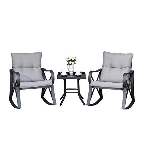 COSIEST 3 Piece Bistro Set Patio Rocking Chairs Outdoor Furniture w Warm Gray Cushions GlassTop Table for Garden Pool Backyard