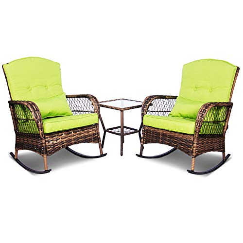 ENSTVER 3 Pieces Patio Conversation Set w 2 Rattan Wicker Rocking Chairs and Glass Tablefor Garden Backyard Lown Porch (Green)