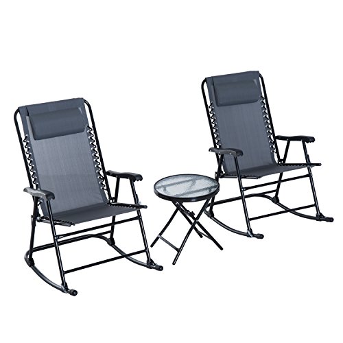 Outsunny 3 Piece Outdoor Rocking Bistro Set Patio Folding Chair Table Set Grey