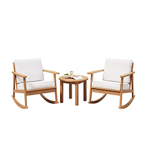 Royal Garden 3Piece Mid Century Eucalyptus Wooden Rocking Chair with Weather Resistant Cushions Outdoor Patio and Porch Seating Conversation Set Teak Finish