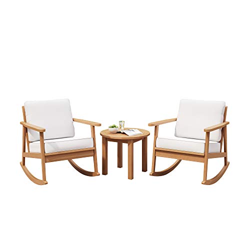 Royal Garden 3Piece Mid Century Eucalyptus Wooden Rocking Chair with Weather Resistant Cushions Outdoor Patio and Porch Seating Conversation Set Teak Finish
