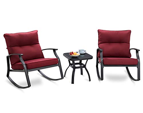 WAMPAT 3 Piece Patio Rocking Bistro Set Plus Size Steel Porch Rocking Chairs Support 300lbs Outdoor Rocking Chair Set of GlassTop Coffee Table and Black Steel Chairs with Thick Cushions Wine Red