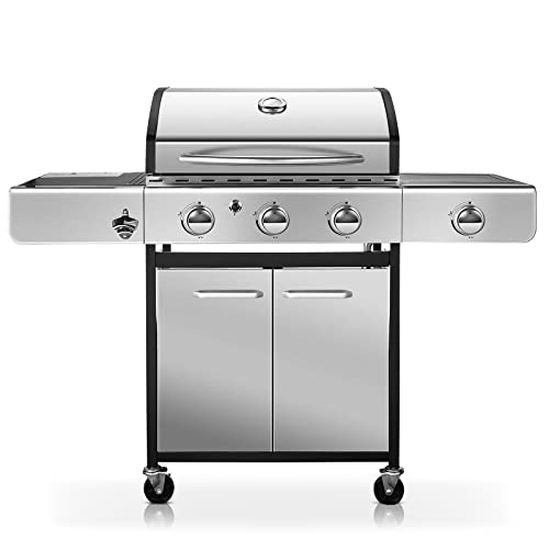Rintuf 34000 BTU 3Burner Cabinet Style Propane Gas Grill in Stainless Steel with Electronic Ignition Controls  Side Burner Perfect for Outdoor Barbecues Use
