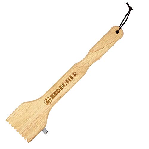 BBQ Butler Wood Grill Scraper  Wooden Barbecue Cleaner  BBQ Tools  Bristle Free  Food Safe Oak Grill Scraper with Metal Scraping Hook and Bottle Opener