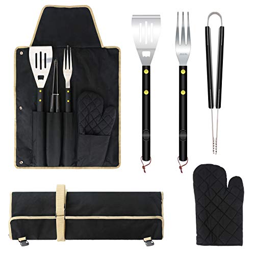 5PCS BBQ Grill Tools Set 1820 Extra Longer Stainless Steel Grill Accessories with Wooden Handles Griddle Accessories Kit for Men Women Camping Backyard Barbecue with Fork Tong Apron Carry Case
