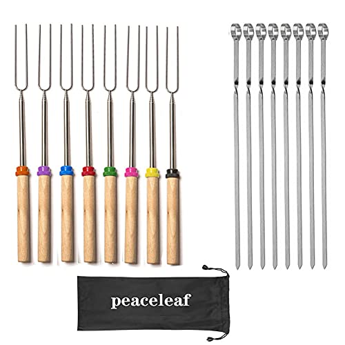 8Pcs Marshmallow Roasting Sticks Extendable 32inch  8Pcs 14 Kabob Skewers Long Metal Barbecue Skewers For Grilling SetTelescoping Smores BBQ Forks Fire Pit Sticks for Hot DogsCampingBonfire