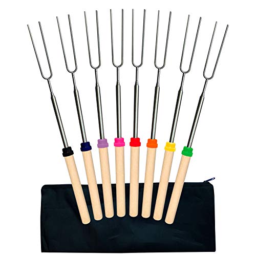 DWIN Marshmallow Roasting Sticks 8pcs 32inch Telescoping Stainless Steel SMores Skewer with Wooden Handle Extendable BBQ Forks for Campfire Fire Pit Cooking Forks