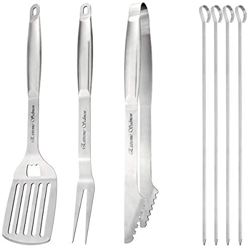 Extreme Salmon BBQ Grill Tools Set Grilling Utensil Set 7Piece Heavy Duty Stainless Steel Accessories Kit for Barbecue Includes Spatula Tongs Fork and Skewers Ideal Barbecue Gift for Grill Lovers