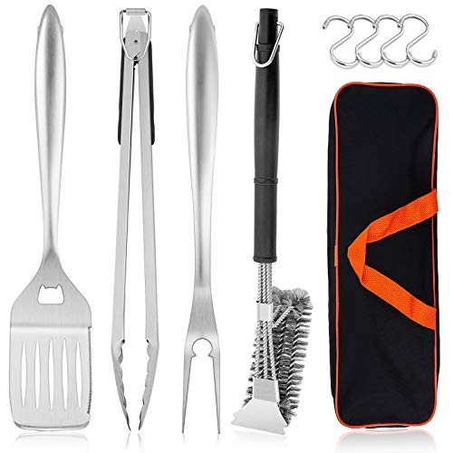 HaSteeL Grilling Utensil Set 18in Stainless Steel BBQ Accessories Tools with Bag for Outdoor Cooking Camping Heavy Duty Grill Spatula Tong Meat Fork Basting Brush Cleaning Brush Mans Gift