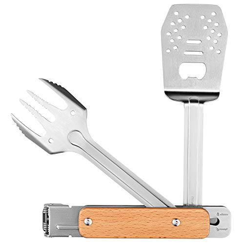 KingCamp 4 in 1 Stainless Steel BBQ Grilling Tools Set Barbecue Tong with TurnerSpatula Fork and Bottle Opener Multifunctional Compact Portable Grill Accessories Outdoor Barbecue Grills for Hiking Camping
