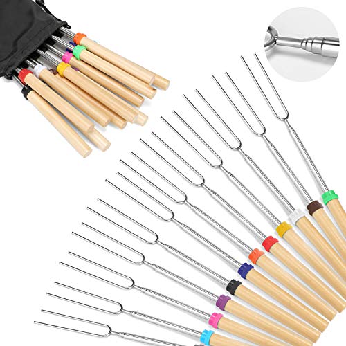 Marshmallow Roasting Sticks Wooden Handle Set of 12 Smores Skewers Telescoping Forks 32 inch with Portable Bag for Hot Dog Campfire Camping Stove BBQ Tools