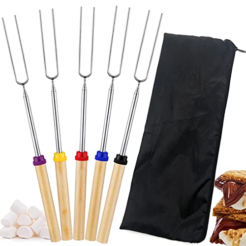 Marshmallow Roasting Sticks Wooden Handle YQBOOM 5Pcs Extendable Barbecue Forks 304 Stainless Steel Telescoping Smores Skewers for Fire Pit Kit Long Smores Sticks for Campfire BBQ Multicolor