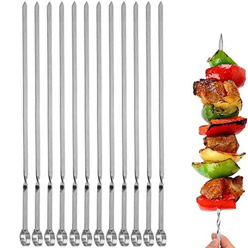 12PCS Kabob Skewers Flat Metal Stainless Steel BBQ Barbecue Skewer 14 AntiRoll Heavy Duty Shish Kebob Sticks Wide Reusable Grilling Skewers Set for Meat Shrimp Chicken Vegetable Kebab Fork Sausage…