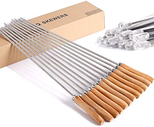CHICHIC 165 Inch Kabob Skewers Stainless Steel BBQ Skewers Set Flat Barbecue Skewers Reusable BBQ Sticks Metal Grilling Skewers for Shish Vegetables and More Wooden Handle 12 Packs