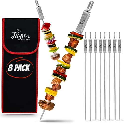 FLAFSTER KITCHEN Skewers for Grilling 16 Long Flat BBQ Skewers with Push Bar Shish Kabob Skewers  Stainless Steel Skewer Sticks for Camping  Wide Reusable Sword Skewers  8 Pack with Storage Bag