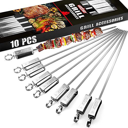 GRILLART Kabob Skewers for Grilling  Metal Skewers for Kabobs with Slider  Flat BBQ Skewers Stainless Steel  17 Shish Kabob Grill Skewers  Ideal Kabob Sticks for Meat Shrimp Chicken Veggie(10PCS)