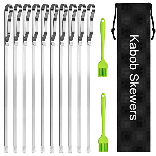 Kabob Skewers 17 Stainless Steel Long BBQ Barbecue Skewers Flat Metal Kebob Sticks Wide Reusable Grilling Skewers for Meat ChickenSet of 12 Including 2 Bonus Silicone Brush with Storage Bag