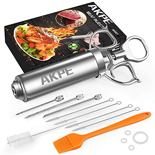 AKPE Meat Injector Stainless Steel Marinade injector Syringe for BBQ Grill and Turkey 2 Ounce Syringe with 3 Needles Easy to Use and Clean (Without Case)