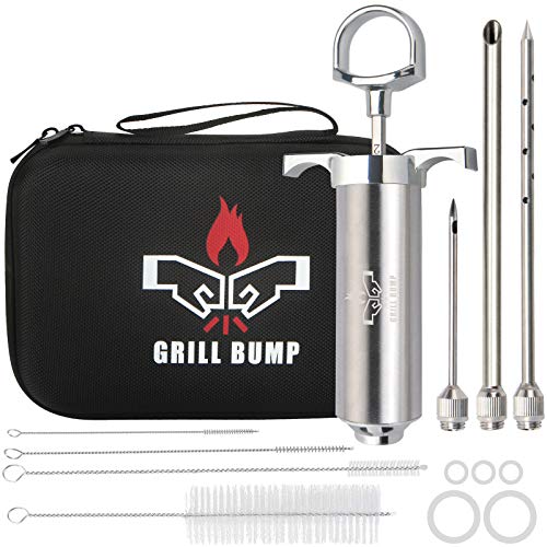 Grill Bump Meat Injector Syringe Kit with 3 Professional Marinade Injector Needles and Travel Case for BBQ Grill Smoker Turkey and Brisket 2oz Large Capacity Both Paper User Manual and EBook