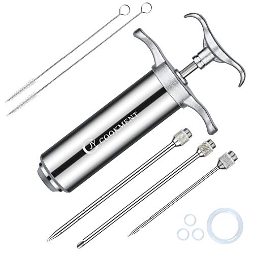 JY COOKMENT Meat Injector Syringe 2oz Marinade Flavor Barrel 304 Stainless Steel with 3 Professional Needles 2 Cleaning Brushes and 4 Silicone ORings