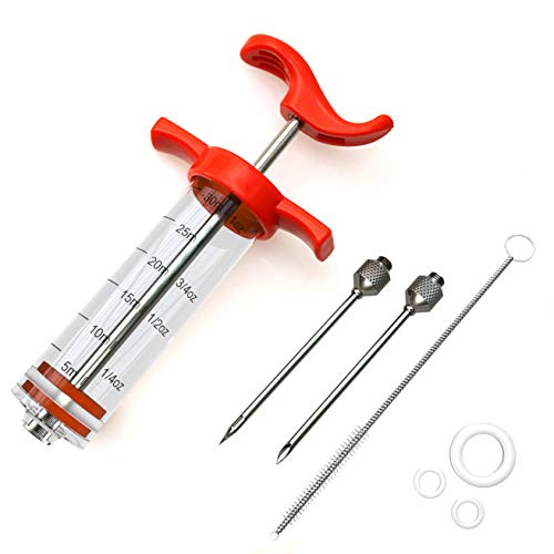 Meat Injector Kit Plastic Marinade Turkey BBQ 1oz Syringe with 2 Stainless Steel Needles  3 Extra ORings  1 Cleaning Brush For Basting  Grilling