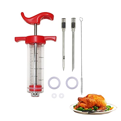 Meat Injector Syringe kit Plastic Marinade Turkey injector BBQ 1oz with 2 Stainless Steel Needles for injections  4 Extra ORings  1 Cleaning Brush For Basting  Grilling
