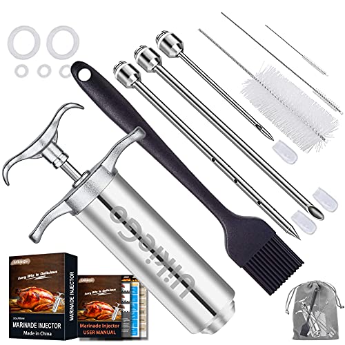 UikieGo 2oz Heavy duty 304 Stainless Steel Meat Marinade Injector Include User Manual (Paper Book) and BBQ Guide EBook (PDF) for Smoker BBQ Grill Roast (Stoage Bag)
