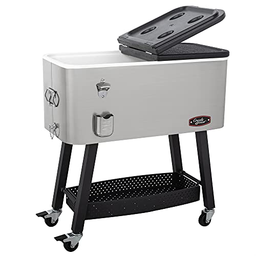 CreoleFeast CL8001S 80Quart Premium Rolling Cooler Stainless Steel Portable Cold Drink Beverage Cooler Cart for Outdoor Patio Tailgating Poolside BBQ Party Silver