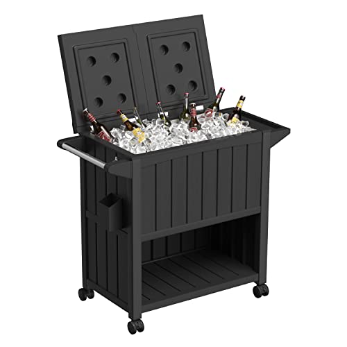 Devoko 85 Quart Rolling Ice Chest Portable Patio Cooler Ice Chest Cart Outdoor PP Rolling Cart on Wheels for Patio Pool Party Cookouts BBQ Ice Bag with Bottle Opener Drainage and Cover Black