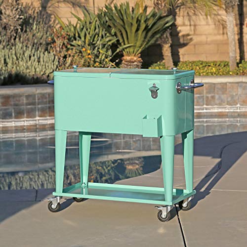 Home Aesthetics 80 Qt Retro Rolling Cooler Ice Chest Cart with Shelf  Bottle Opener  Seafoam Great for Outdoors Patios Decks Parties Backyards Bars