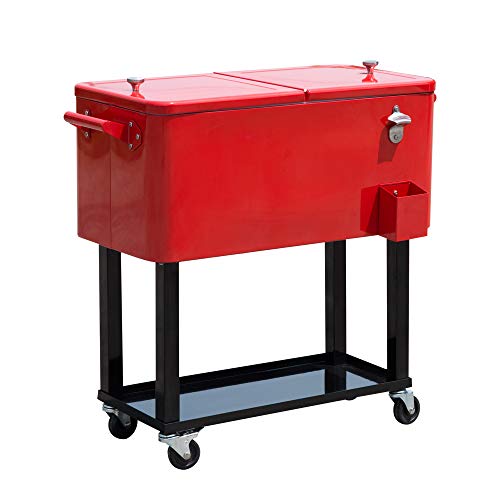 Outsunny 80 QT Rolling Cooler Ice Chest on Wheels Outdoor Stand Up Drink Cooler Cart for Party Red