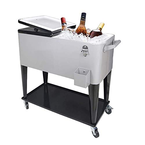 SHAREWIN 80 Qt Rolling Cooler Cart Ice Chest for Outdoor Patio Deck Party Portable Party Bar Cold Drink Beverage Cart Tub Backyard Cooler Trolley on Wheels with Shelf Bottle Opener Silvery
