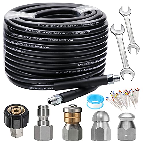 Sewer Jetter Kit 100FT for Pressure Washer 5800PSI Drain Cleaner Hose 14 Inch NPT Corner Rotating and Button Nose Sewer Jetting Nozzle Spanner Waterproof Tape Pearl Corsage Pin